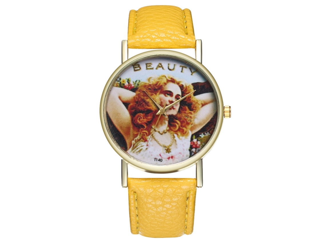 Reloj Unisex Para Parejas, Correa De Pu, Esfera Redonda, Movimiento De Cuarzo Amarillo.