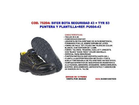Sifer bota seguridad 43 tyr s3 puntera y plantilla pu604-43