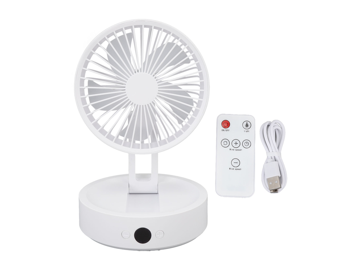 Ventilador De Escritorio Plegable Con 3 Velocidades, Recargable, Con Luz Y Control Remoto Usb, Blanco.