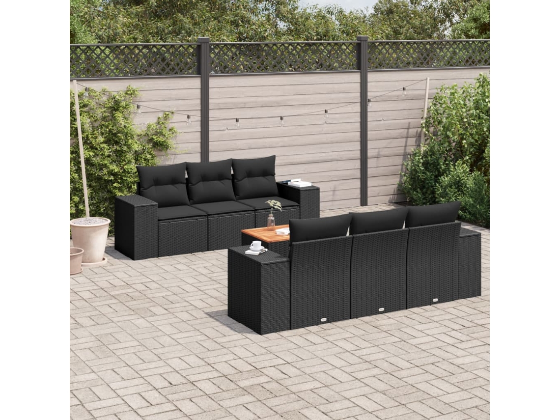 Conjunto de sofá de jardín de 7 piezas con cojines de mimbre negro de DKD Home Decor