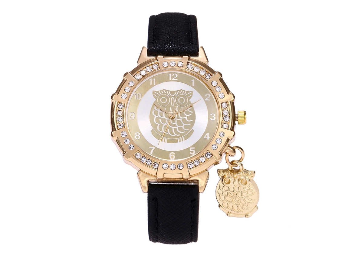 Reloj De Pulsera Para Mujer Con Colgante De Búho Y Diamantes De Imitación Sobre Piel Sintética Negra.