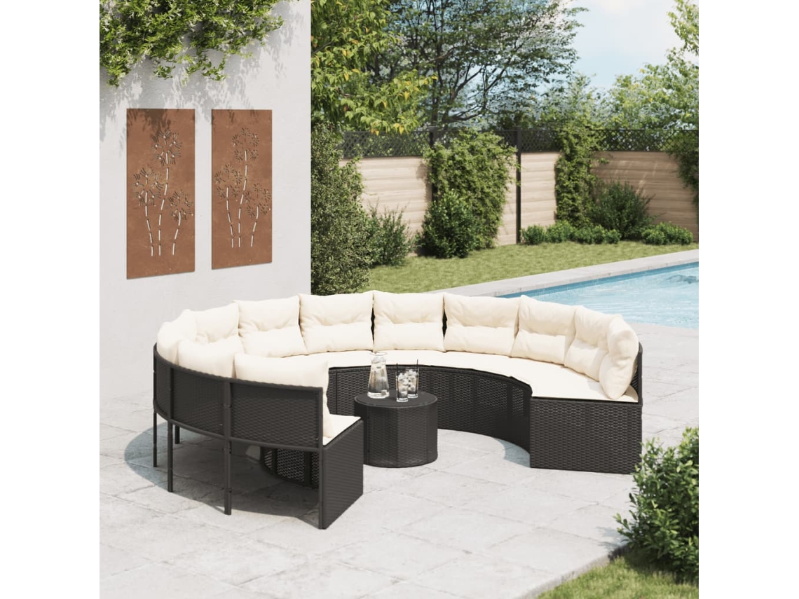 Sofá de jardín con mesa y cojines, redondo, de mimbre, negro, PE, Dkd Home Decor