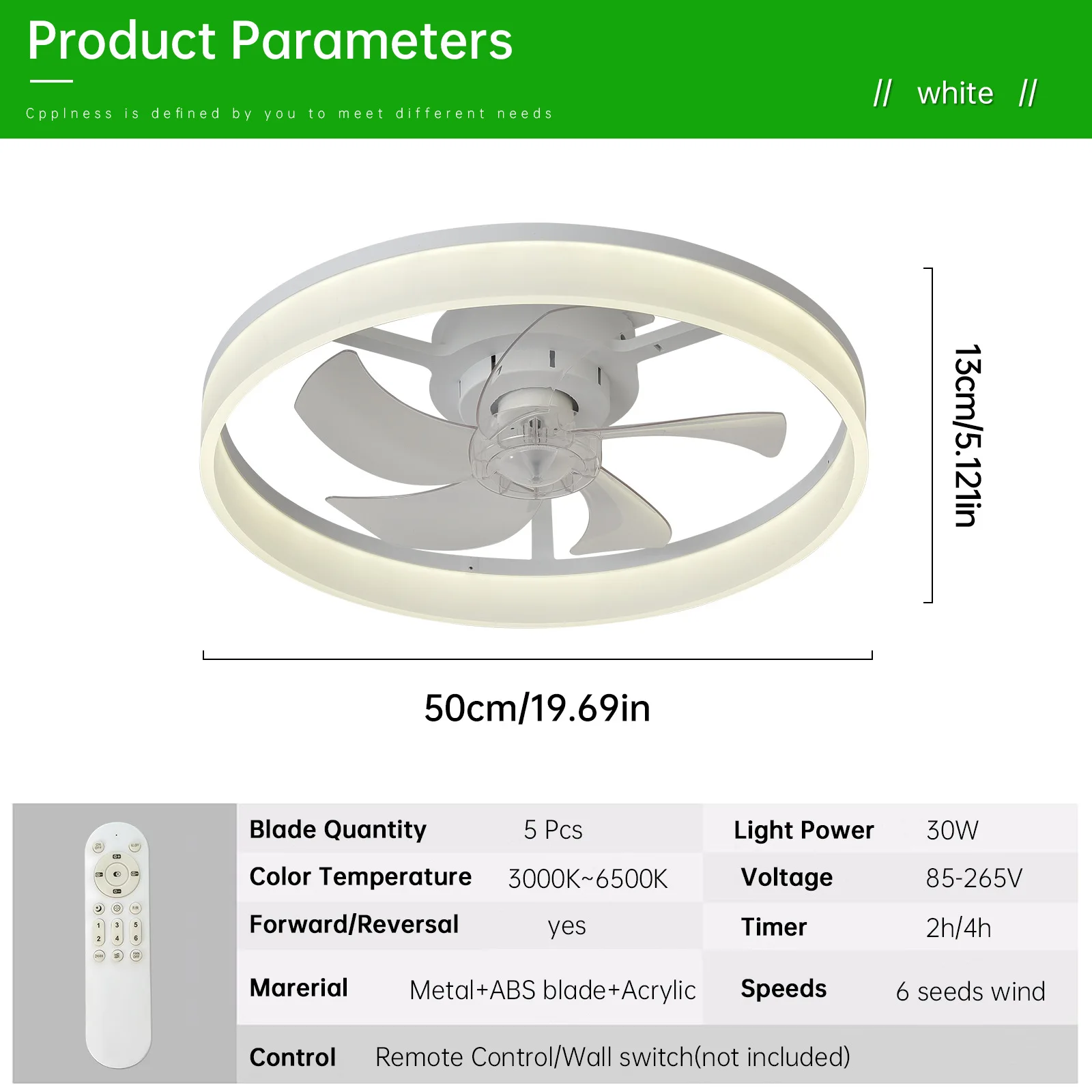 Ventilador De Techo Led Sencillo (20 Pulgadas, Blanco), Con Control Remoto, Atenuación Continua Y 6 Velocidades De Viento.
