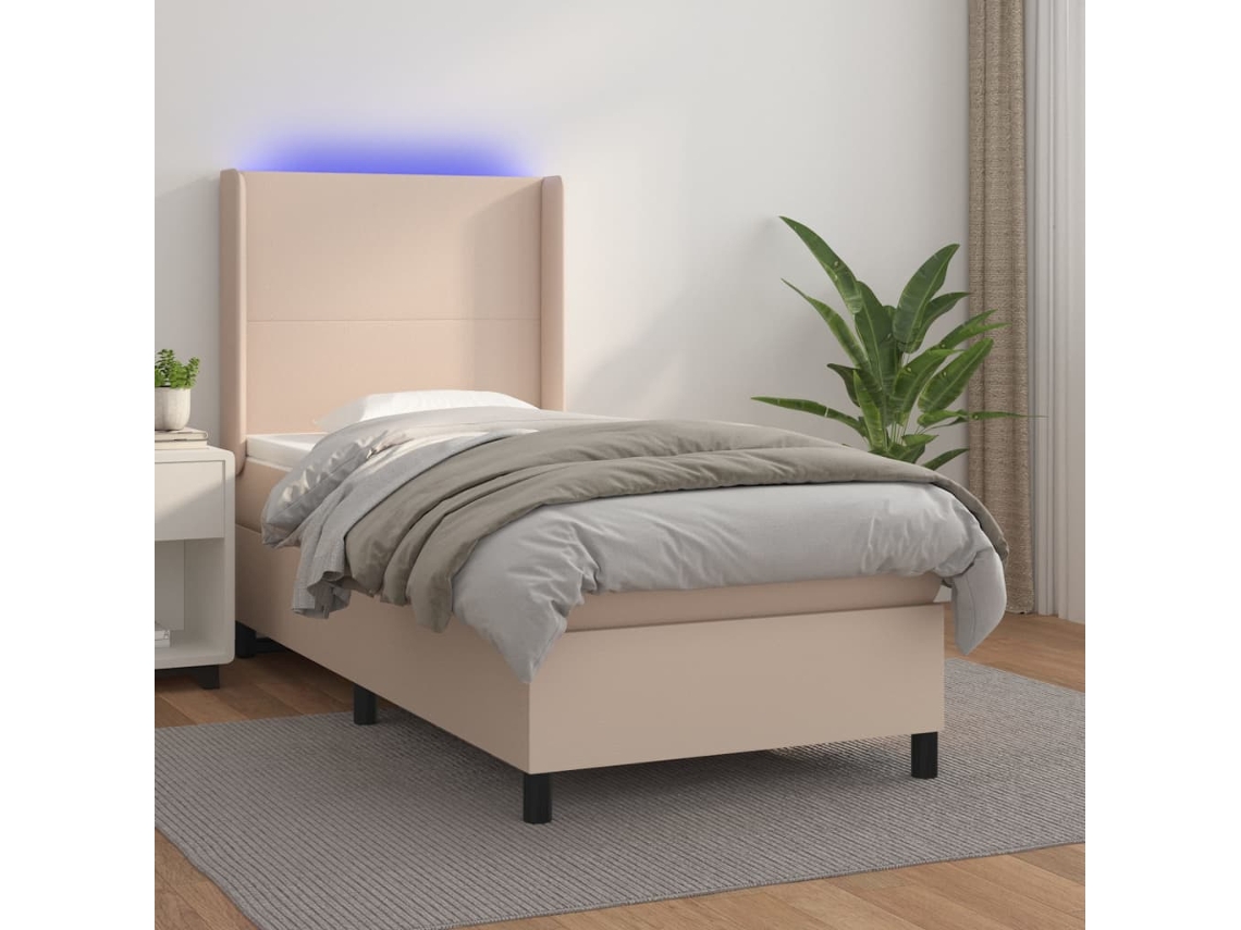 Cama Box Spring Colchón Led Cuero Sintético Capuchino 90x190 Cm
