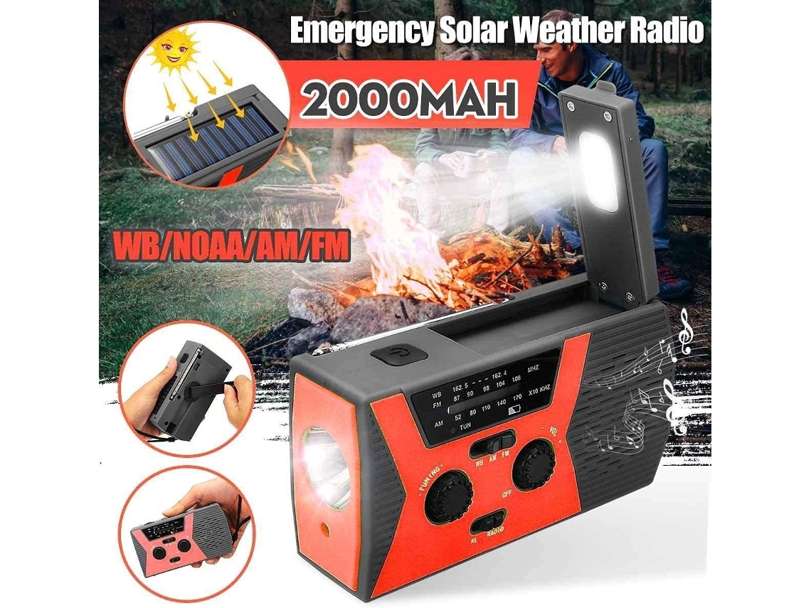 Radio solar portátil de emergencia con manivela, linterna y luz de lectura, 2000 mAh, ABS negro/naranja Tommy01