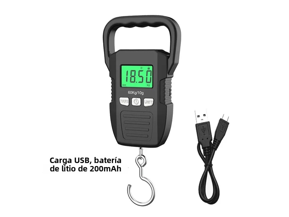 Báscula Digital Lcd Portátil (recargable), Capacidad De 60 Kg/10 G, Con Gancho