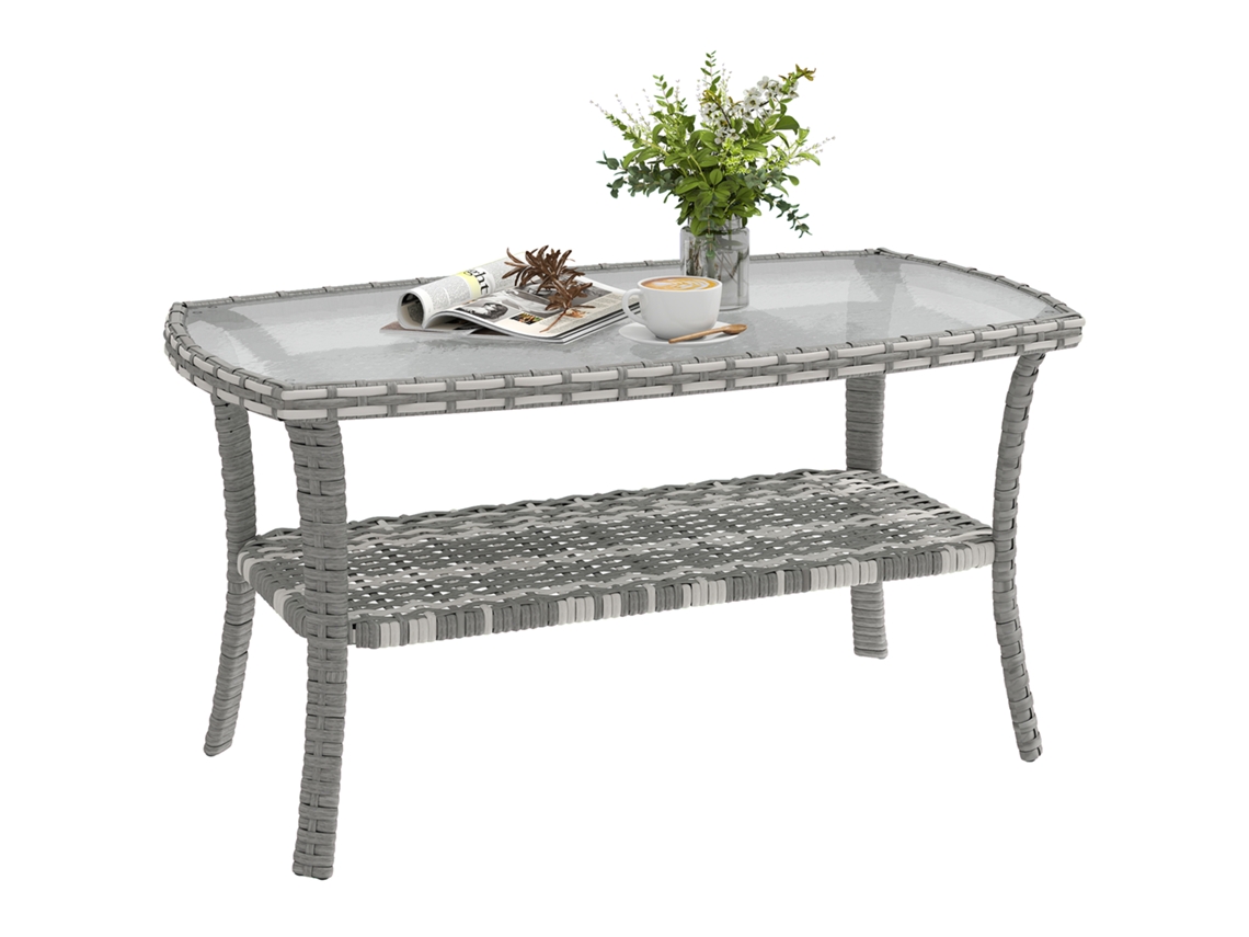 Mesa De Jardín De Ratán Con Tablero De Cristal, 90x50x45 Cm, Gris Oscuro.