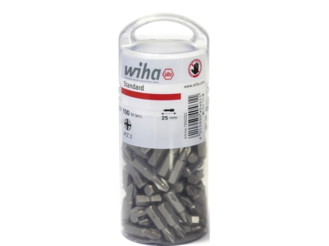 WIHA Juego de bits Standard de 25 mm Pozidriv (PZ2), de 100 unid., de 1/4" en envase grande (40462)