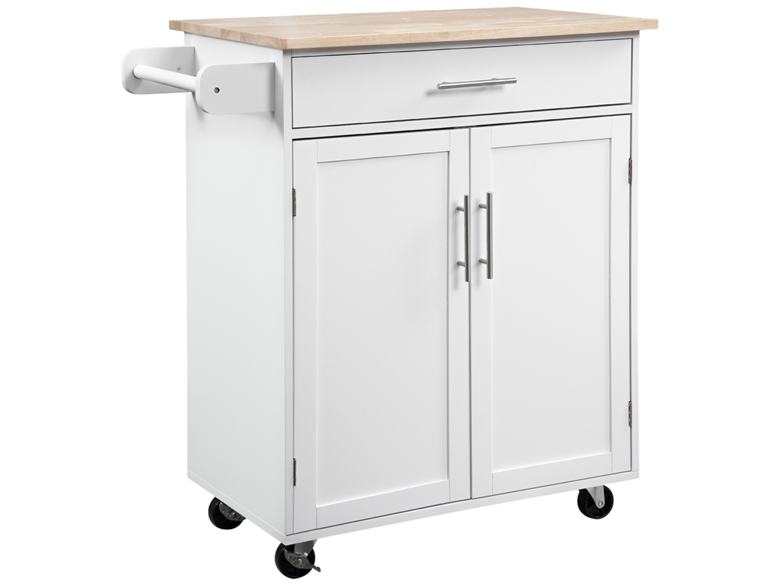 Carrito de cocina con ruedas, carrito de servicio, isla de cocina con cajón y toallero, color blanco VISTA