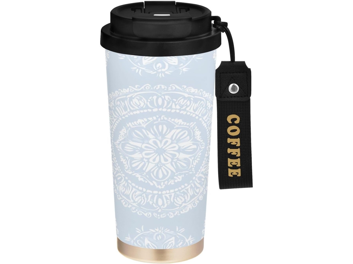 Taza De Café Isotérmica Acero Inoxidable Doble Pared, Libre Bpa, Con Tapa Pajita Diseño Étnico 500 Ml Gra...