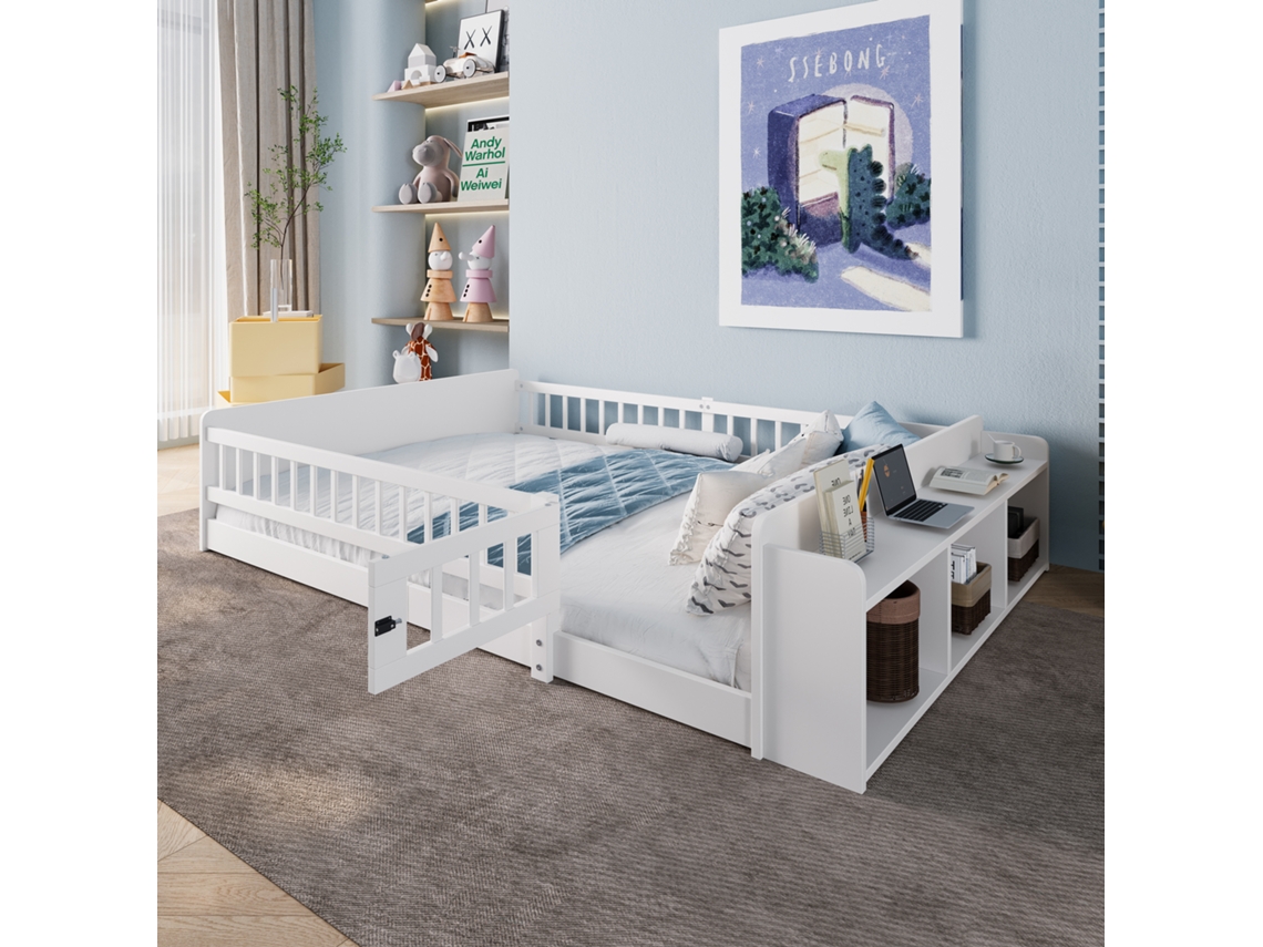 Cama De Pino De 140x190 Con Estantes De Almacenamiento Blancos.