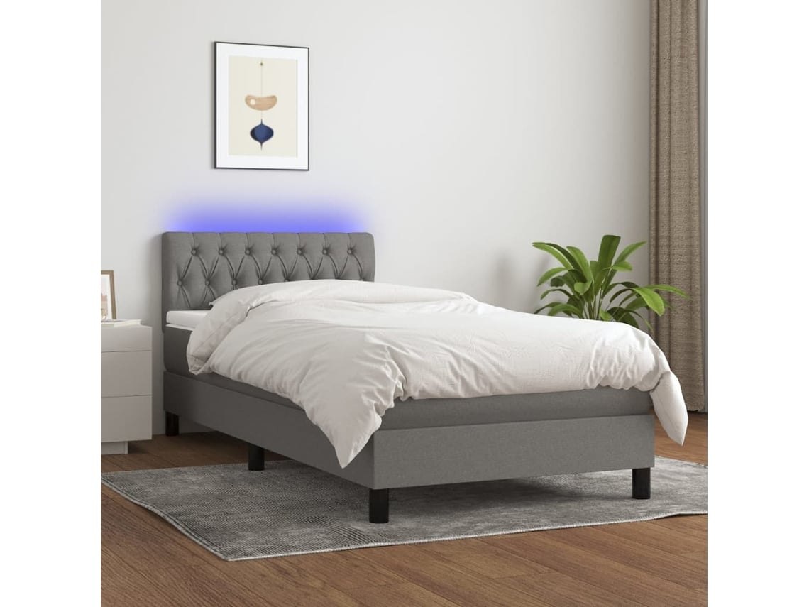 Cama Box Spring Colchón Y Luces Led Tela Gris Oscuro 100x200 Cm