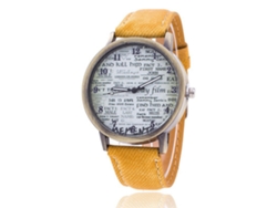Reloj Casual Unisex De Piel Vaquera Con Movimiento De Cuarzo Y Esfera Analógica Amarilla.