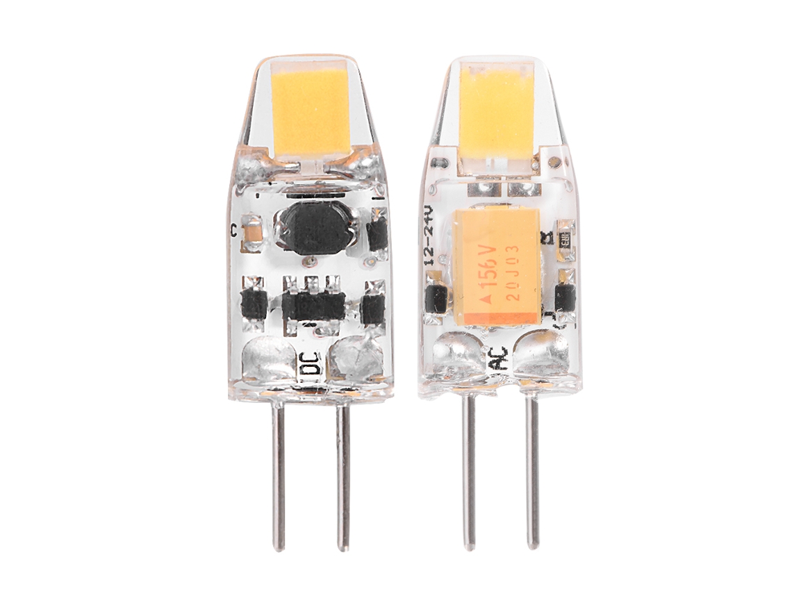 2 bombillas LED G4 COB0705, 12-24 V CA/CC, tiras de silicona no regulables (blanco cálido)