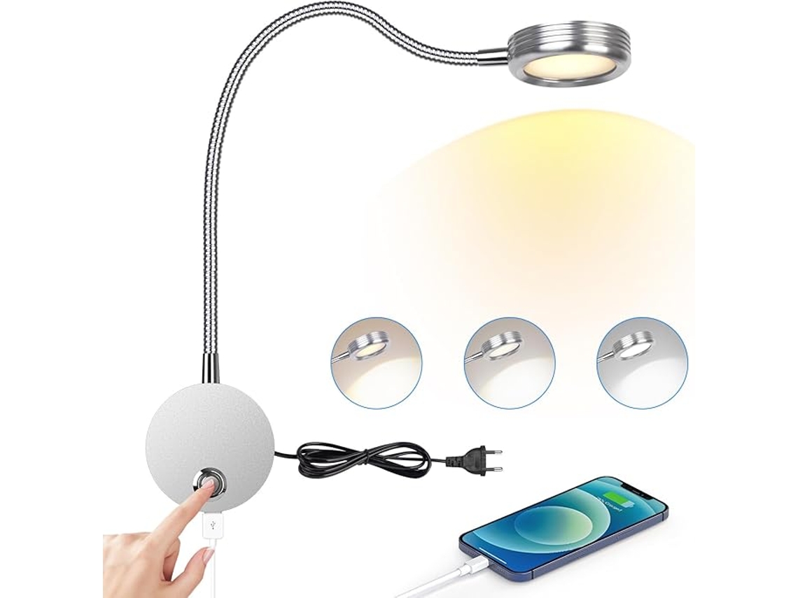 Lámpara Lectura Pared 4w, Táctil, 3000-6000k Usb