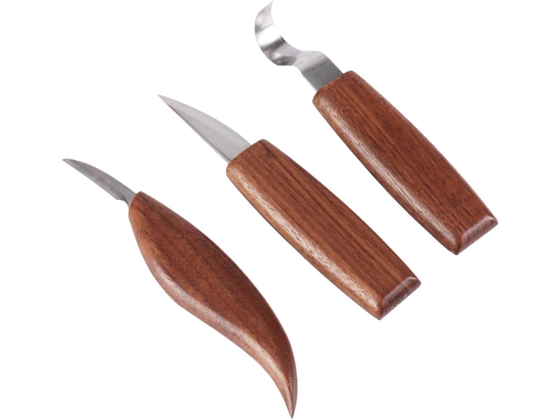 Juego de 3 cuchillos para tallar madera Topbathy Healeved con mangos de nogal negro, herramientas versátiles.