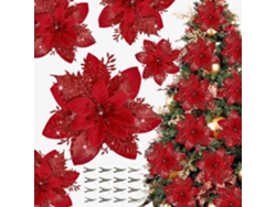 16 adornos navideños con flores artificiales de doble flor de Pascua roja y pinzas para árbol y corona