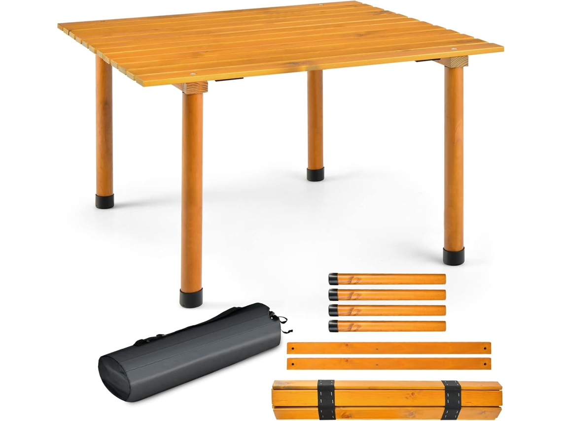 Mesa Plegable Camping, Mesas Plegables Portatiles con Tablero Enrollable de Madera Abeto COSTWAY