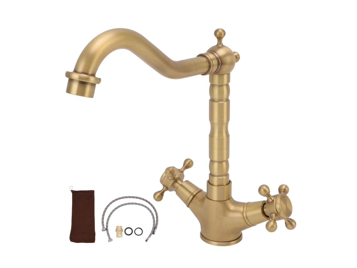 Grifo de baño antiguo de latón europeo con dos manijas
