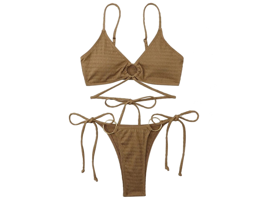 Traje de baño de verano para mujer, color café, estilo erótico, tirantes ajustables, relleno extraíble.