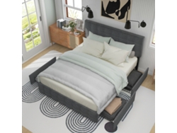Cama Doble De Lino Gris, 140x200 Cm, 4 Cajones, Base De Láminas Metálicas.