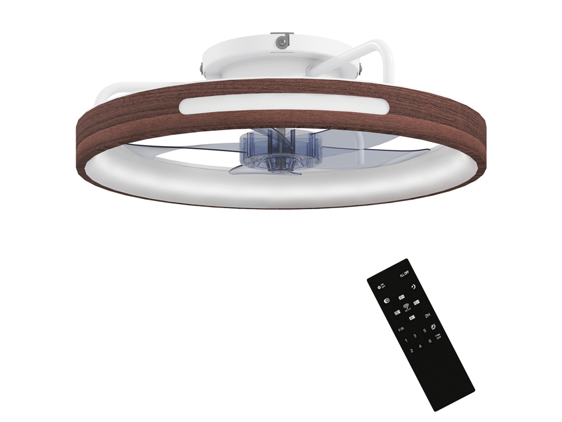 Ventilador de techo con LED, motor de CC, 40 W, reversible, mando a distancia, 6 velocidades, temporizador, acabado en teca.
