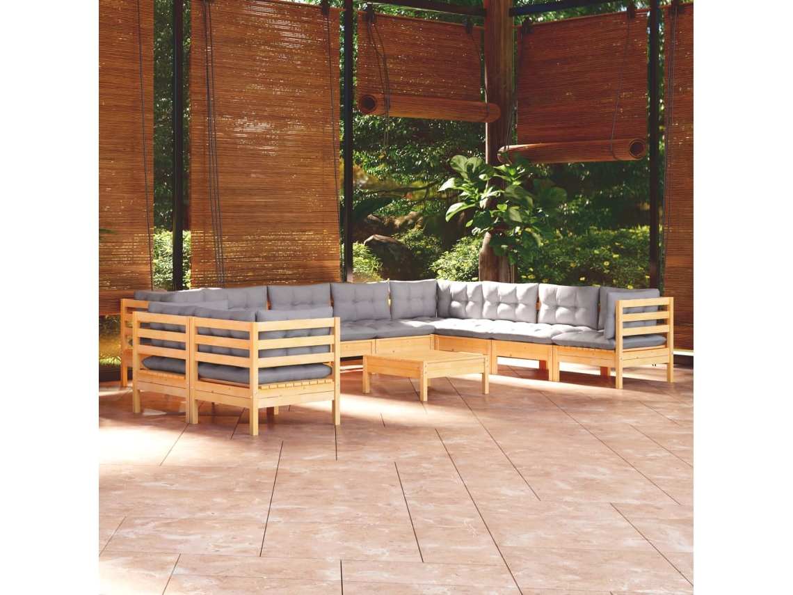 Conjunto de jardín DKD Home Decor de 11 piezas con cojines de pino macizo gris