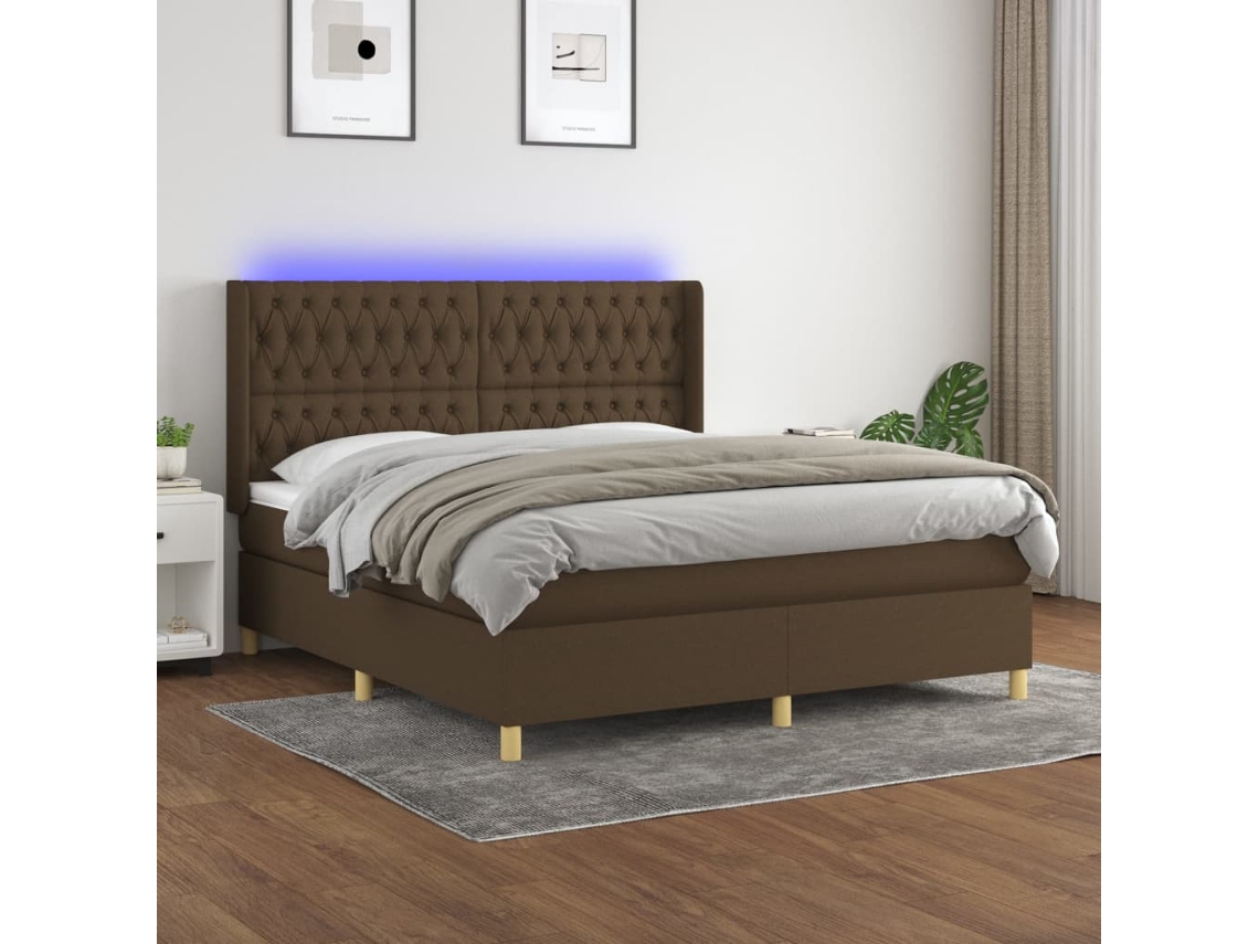 Cama Box Spring Colchón Luces Led Tela Marrón Oscuro 160x200cm