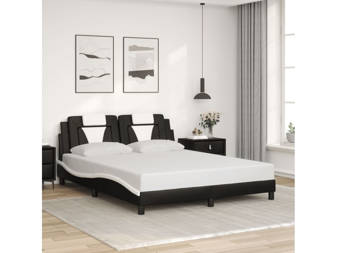 Estructura Cama Cabecero Cuero Sintético Negro Blanco 160x200cm