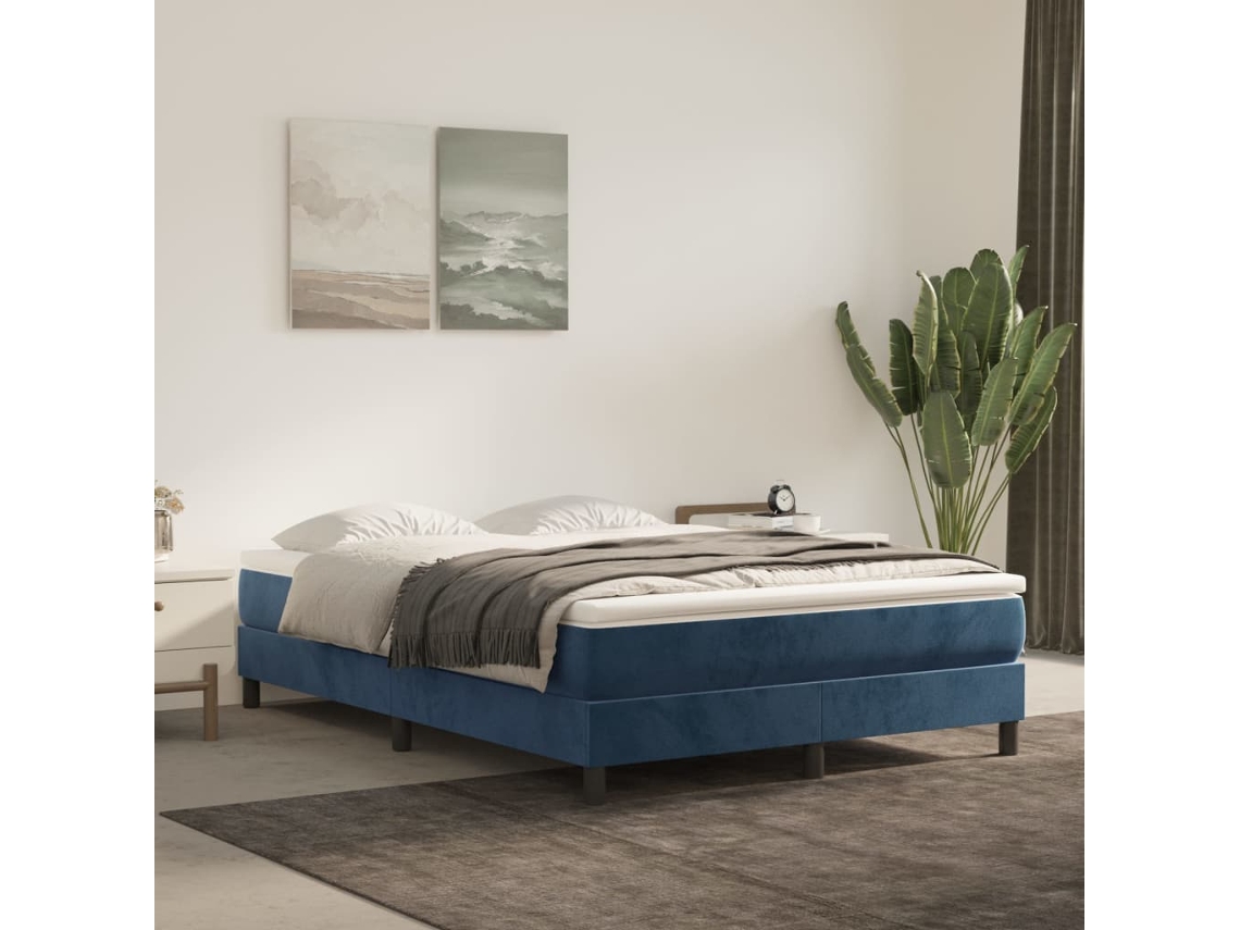 Cama Box Spring Con Colchón Terciopelo Azul Oscuro 140x190 Cm