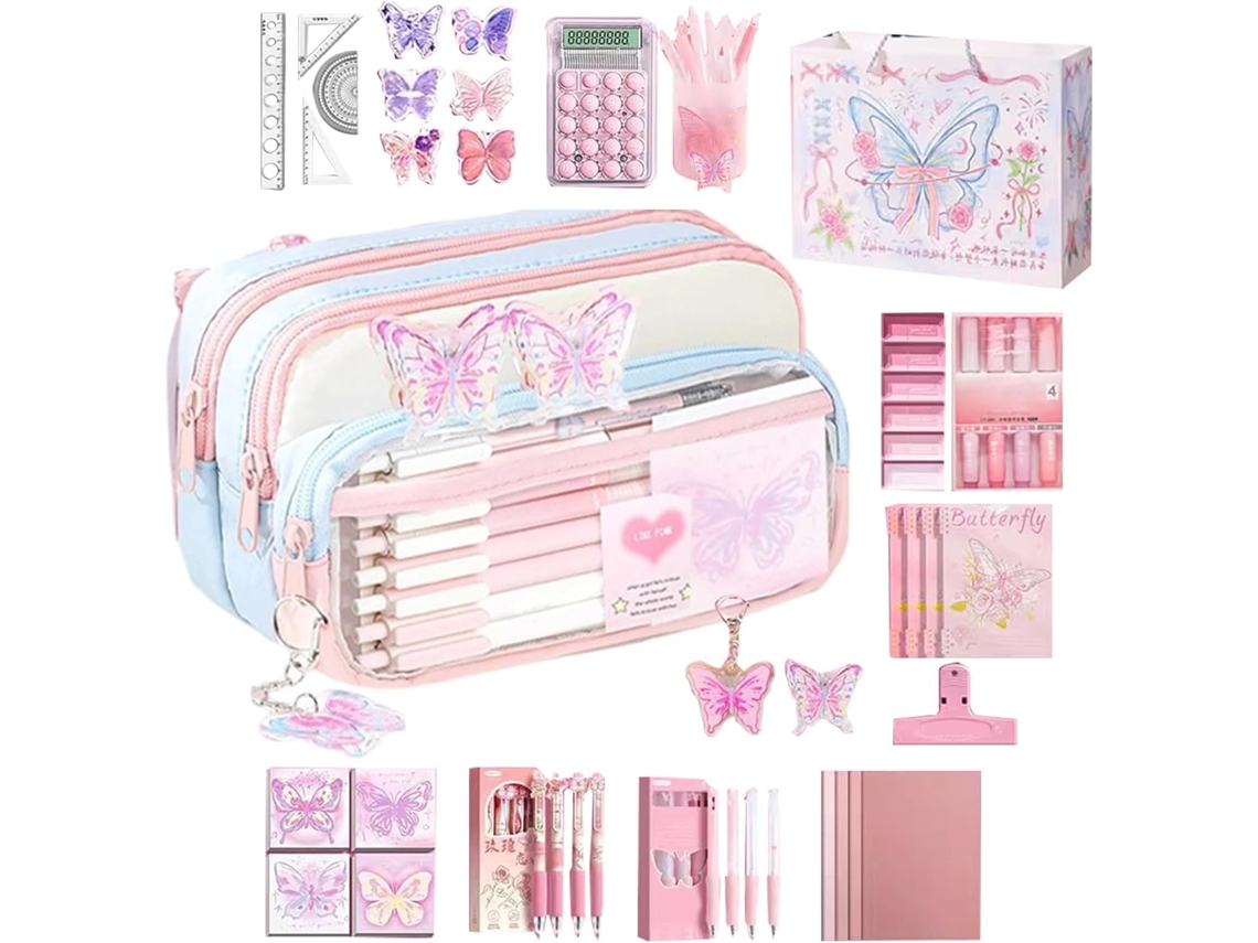 Estuche para lápices con estampado de mariposas y cremallera.