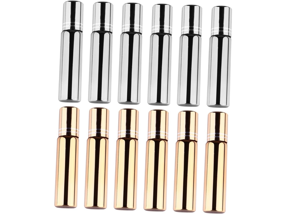 Conjunto De 12 Frascos Roll-on Uv Recarregáveis Para Perfumes E Óleos Essenciais, Nos Núcleos Prata E Dourada.