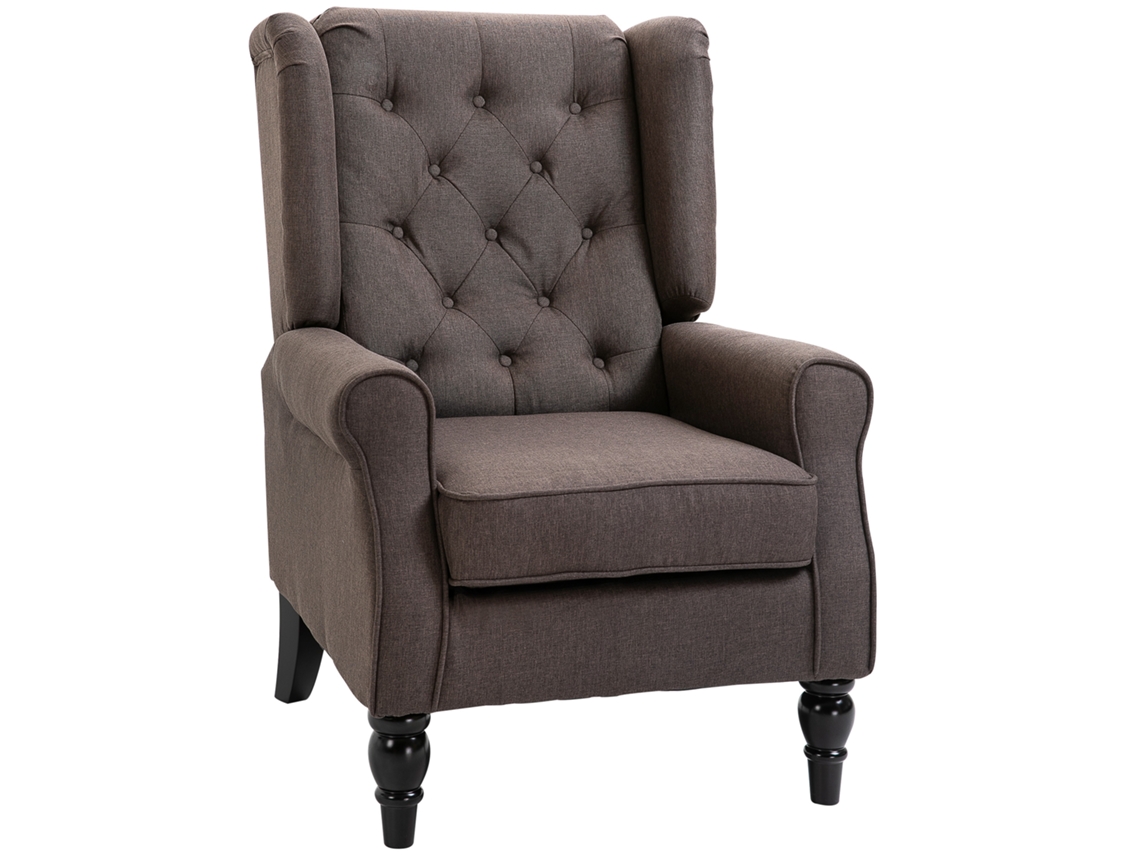 Sillón de estilo francés para salón, asiento acolchado, cojines de poliéster, 74x86x102cm, marrón.