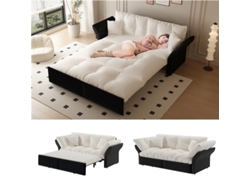 Sofá-cama Queen 190cm 3 Em 1 Capitonê 2 Almofadas Veludo Bege Branco Sala Estar