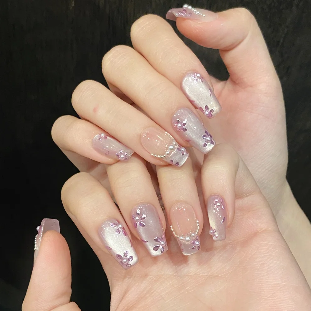 (872-s) Juego De 10 Uñas Postizas Hechas A Mano, Pegatinas De Uñas Postizas Cortas Estilo Ballet Con Diseño De Lazo.