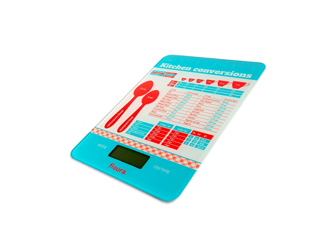 Báscula de cocina digital “medidas” Balanza electrónica original de 5kg/11lbs Báscula para alimentos multifunción Cristal y ABS 15 x 22 FISURA