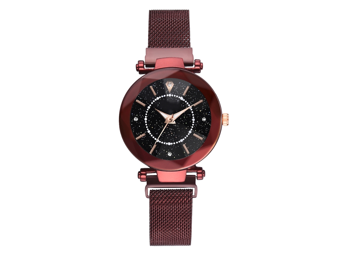 Reloj De Pulsera De Cuarzo Para Mujer Con Esfera Estrellada, Aleación, Cierre Magnético, Rojo, Informal Y Elegante.