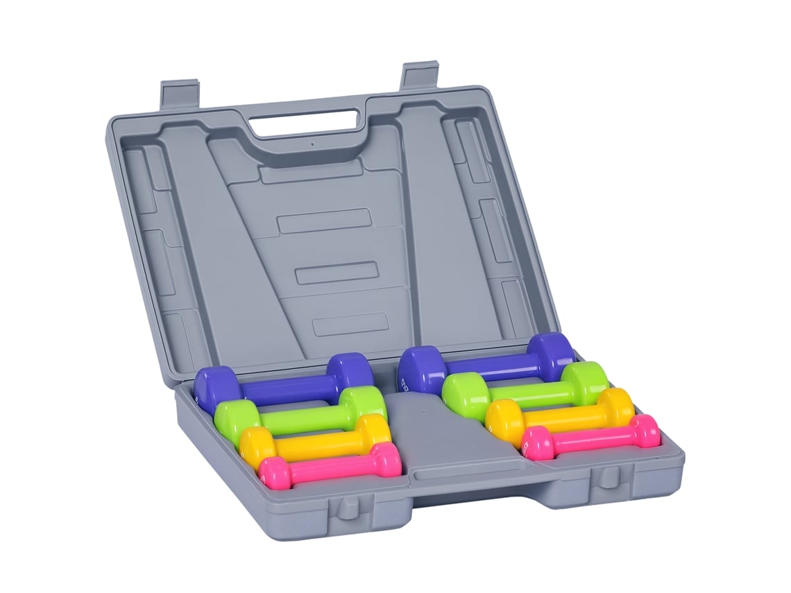 Juego De 8 Mancuernas, 0,5-2 Kg, Estuche Metálico, 41x30x8 Cm, Multicolor