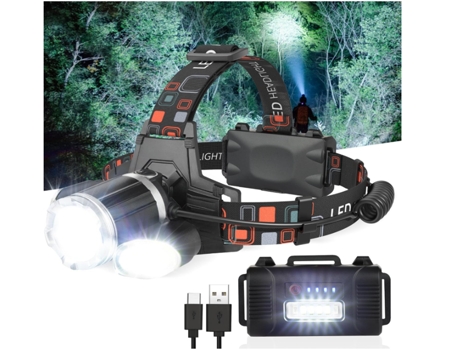 Linterna frontal recargable Luz frontal LED superbrillante Accesorios para acampar con luz roja 4 modos Linterna de recarga USB Negro TURMIN