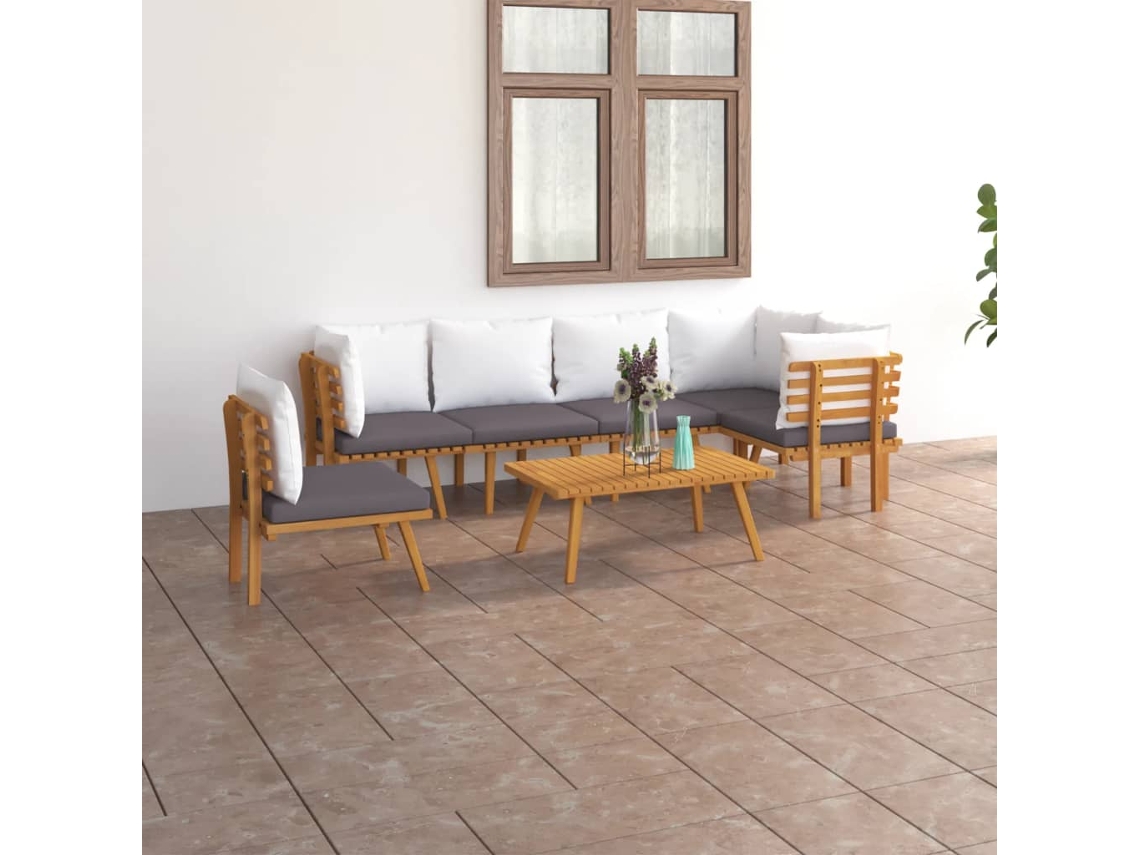 Conjunto de jardín de 7 piezas con cojines de acacia maciza DKD Home Decor