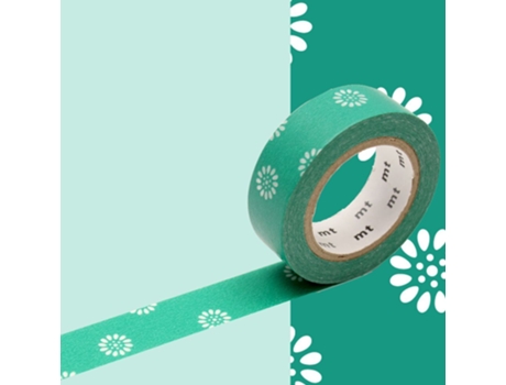 Cinta adhesiva decorativa flores con fondo verde - 1,5 cmx7 m