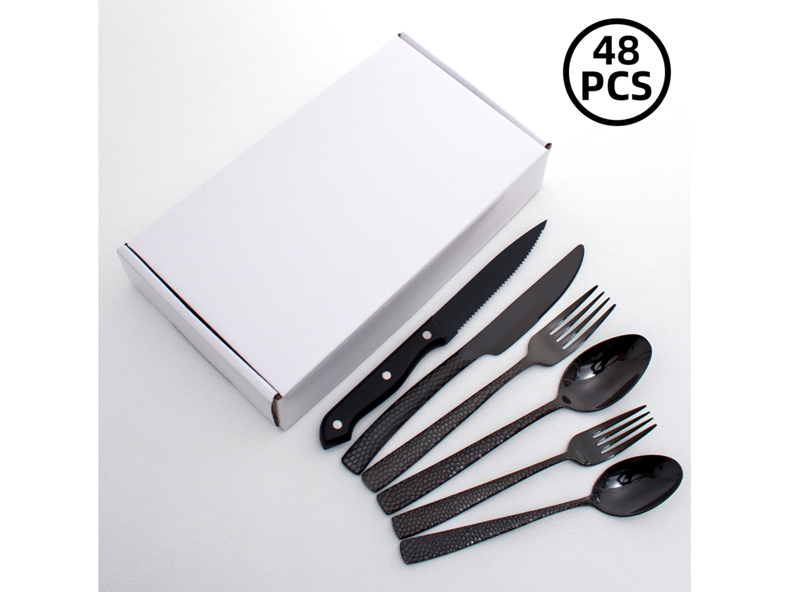 Juego de cubiertos MDUG de acero inoxidable martillado con mango cuadrado negro (48 piezas)