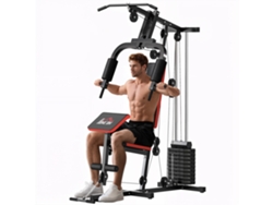 Máquina de entrenamiento con pesas con peso ajustable hasta 65 kg, press de pecho y polea para piernas, color negro, 135 x 103 x 210 cm.