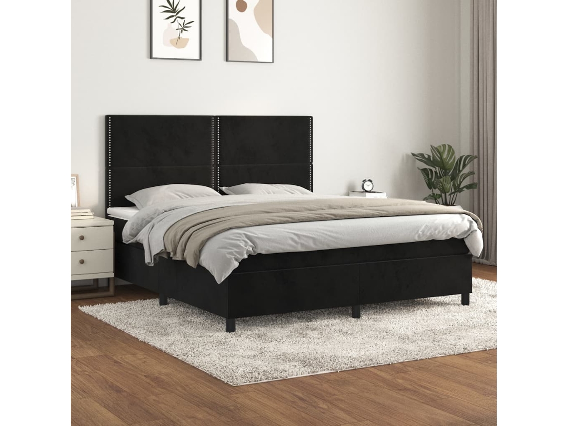 Cama Box Spring Con Colchón Terciopelo Negro 180x200 Cm