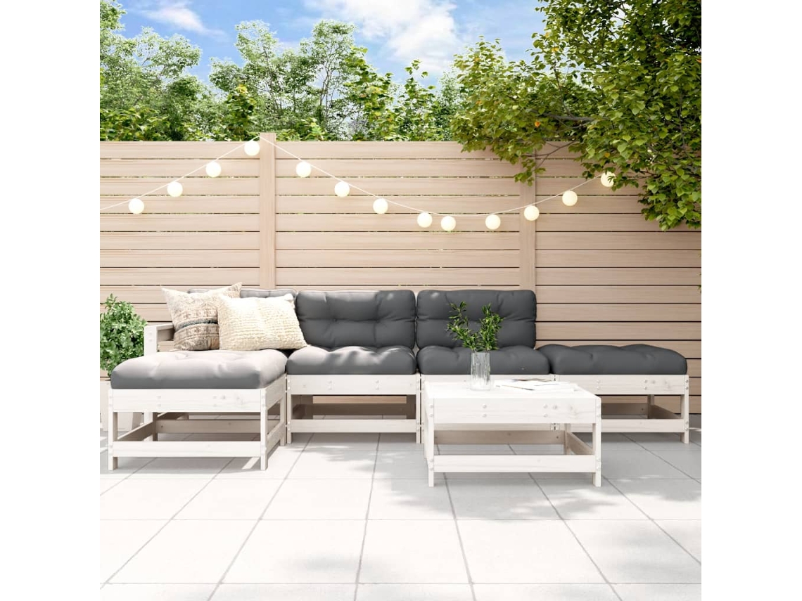 Conjunto de jardín de 6 piezas con cojines, madera maciza, blanco, DKD Home Decor
