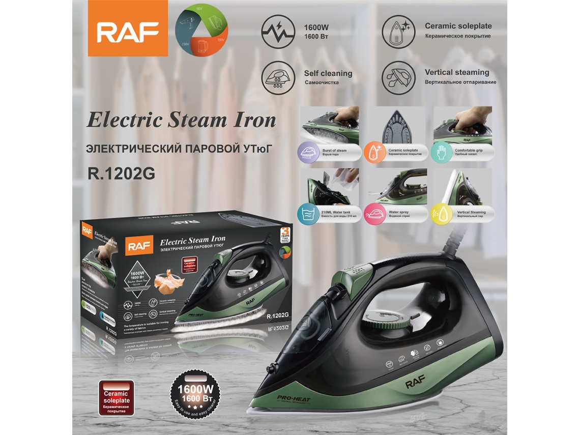 Plancha de vapor portátil (verde) con base de cerámica, estándar europeo, ideal para uso doméstico.