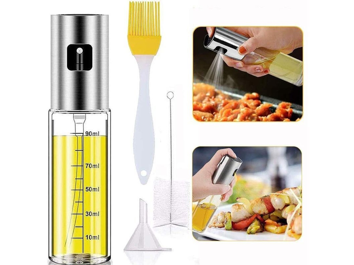 Pulverizador de aceite de oliva reutilizable 4 en 1 con cepillo, espátula y embudo para cocina, barbacoa y ensaladas.