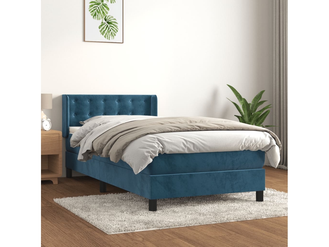 Cama Box Spring Con Colchón Terciopelo Azul Oscuro 90x190 Cm