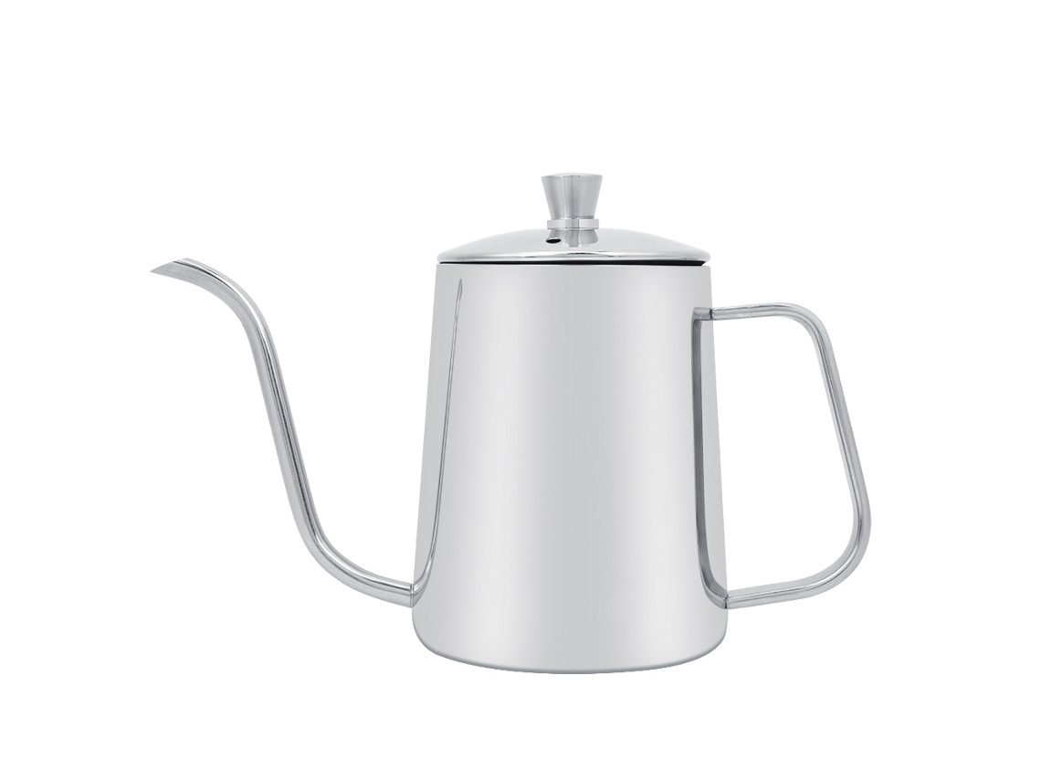 Cafetera de acero inoxidable de 550 ml con cuello largo y tapa para cocina doméstica y cafetería.