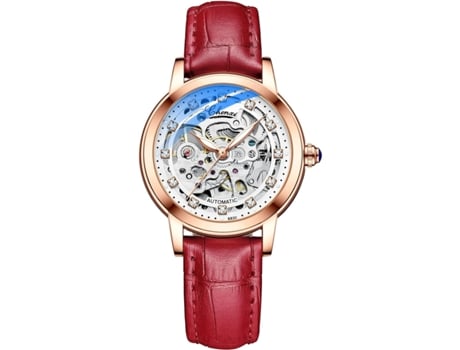 VEANXIN Reloj de cuero impermeable mecánico hueco automático para mujer-Rojo